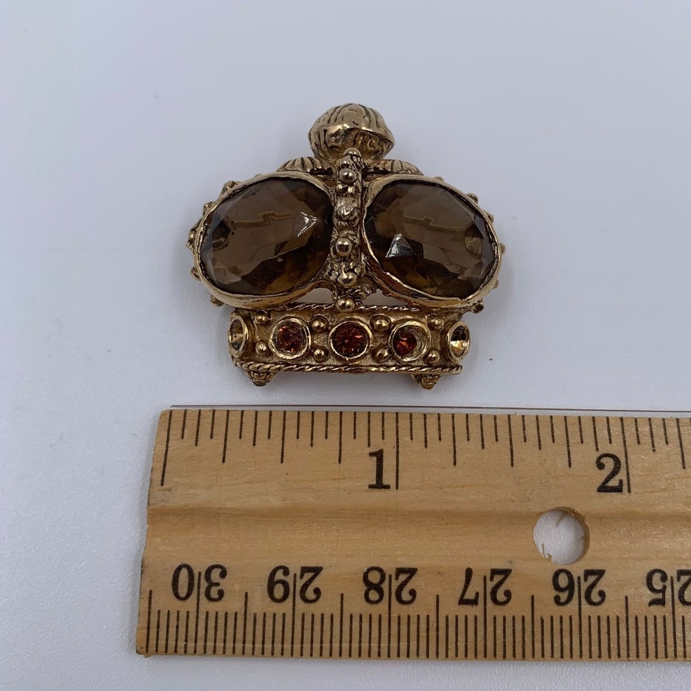 Vtg 1960s Accessocraft NYC Crown Brooch Pin Gold Gothic Smoky Topaz Glass Jewel